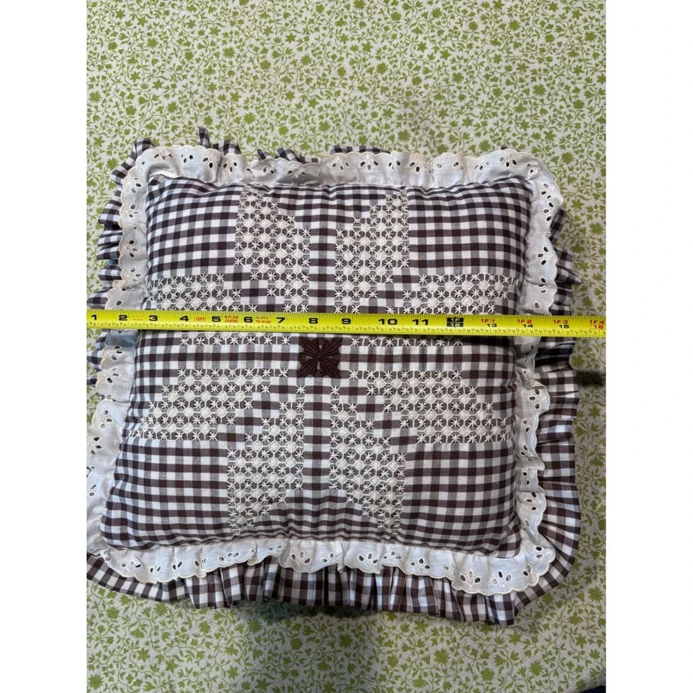Brown Gingham Check Ruffled Throw Pillow Eyelet Lace Embroidered Star Farmhouse